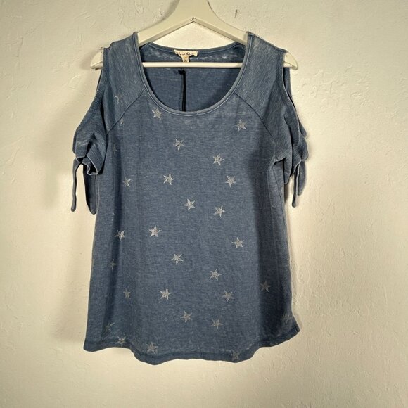 Jane And Delancey Womens Scoop Neck Star-Print Blue Cold Shoulder Top Large New - Picture 1 of 8